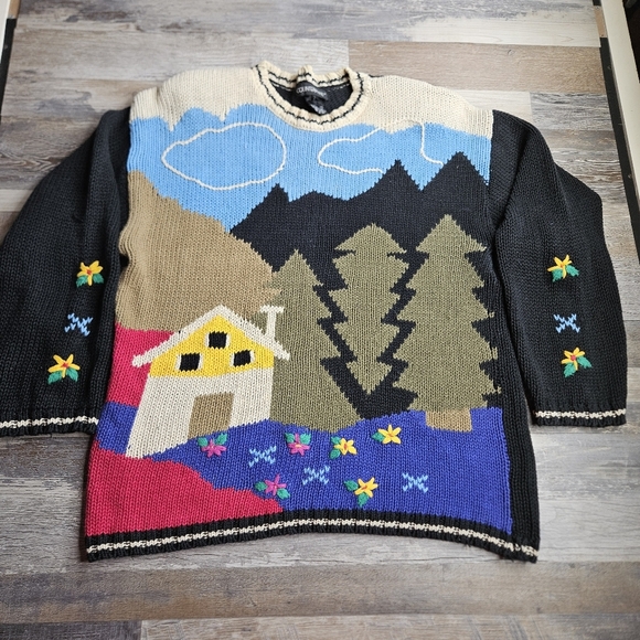 Sweater Crewneck VINTAGE Cabin in the Woods scene. Women's Medium Counterparts - Picture 1 of 11